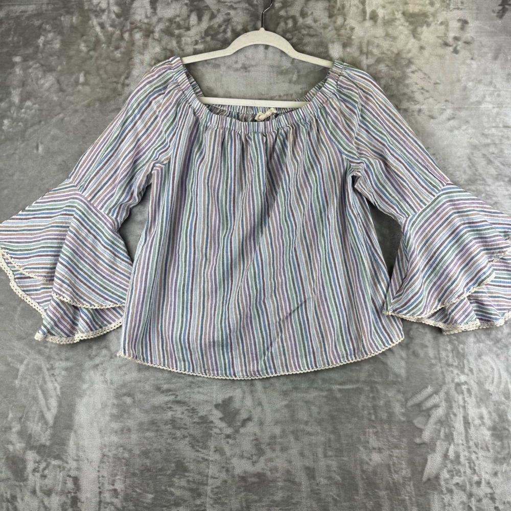 Solitaire Blouse Women Medium Multi-Color Striped Bell Sleeve Crochet (1673)